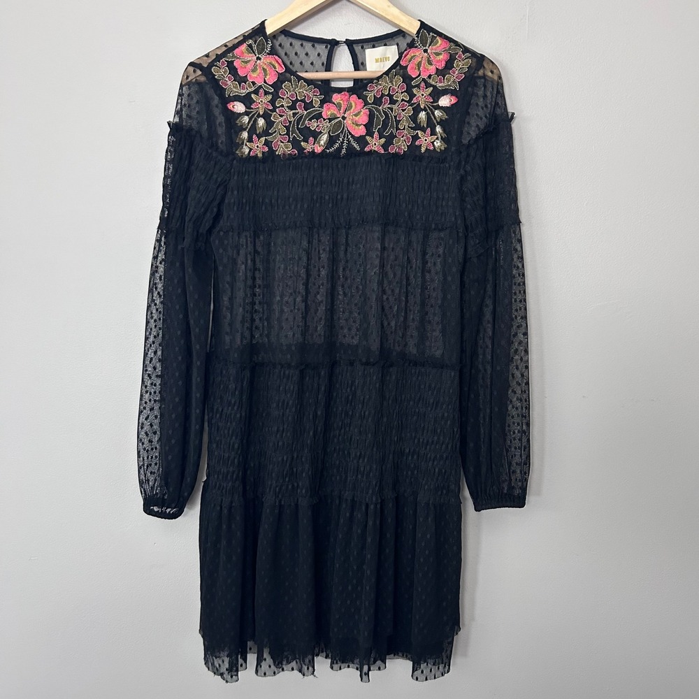 Anthropologie Maeve Samara Dress Womens M Black Mesh Floral Embroidered Tunic - Picture 2 of 8